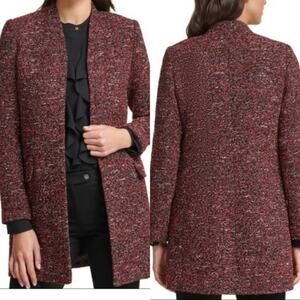 Calvin Klein Tweed Topper Jacket Red Open Front Chic Classic Mid Thigh Women 8